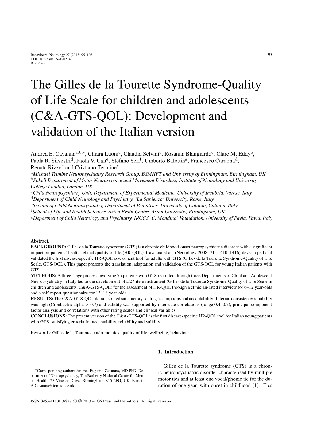 (C&A-GTS-QOL): Development and Validation of the Italian Version