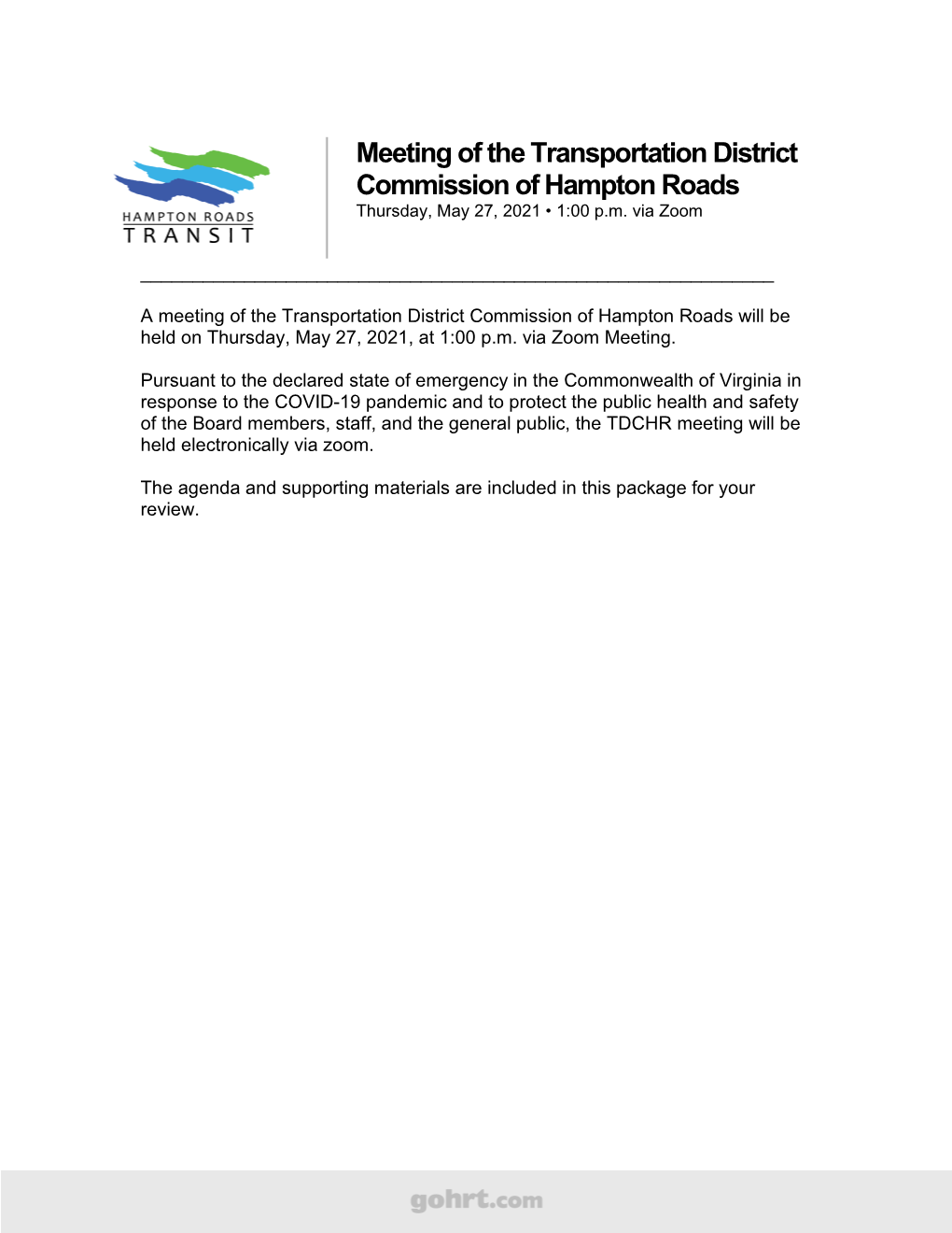 Meeting of the Transportation District Commission of Hampton Roads Thursday, May 27, 2021 • 1:00 P.M