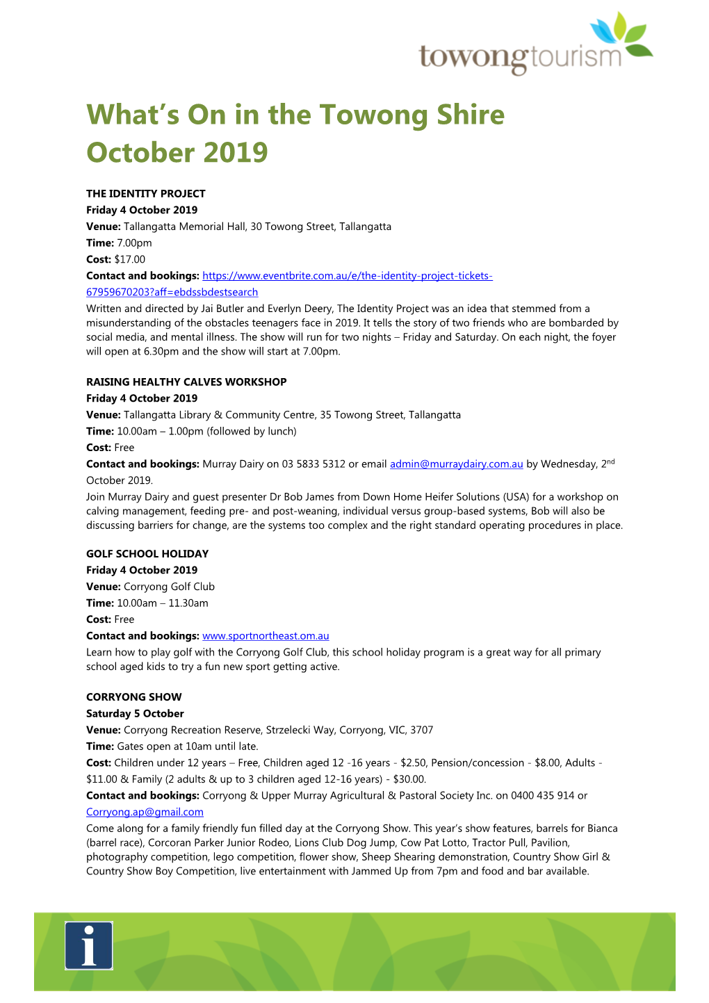 What's on in the Towong Shire October 2019