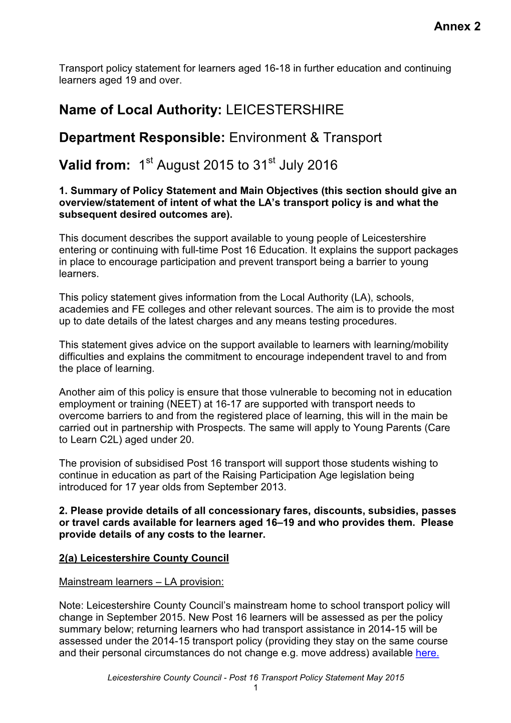 Post 16 Transport Policy Statement 2015