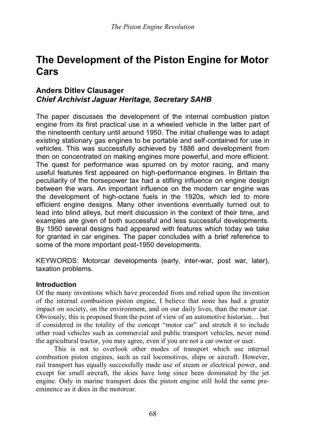 4.The Development of the Piston Engine for Motor Cars : Anders Ditlev Clausager