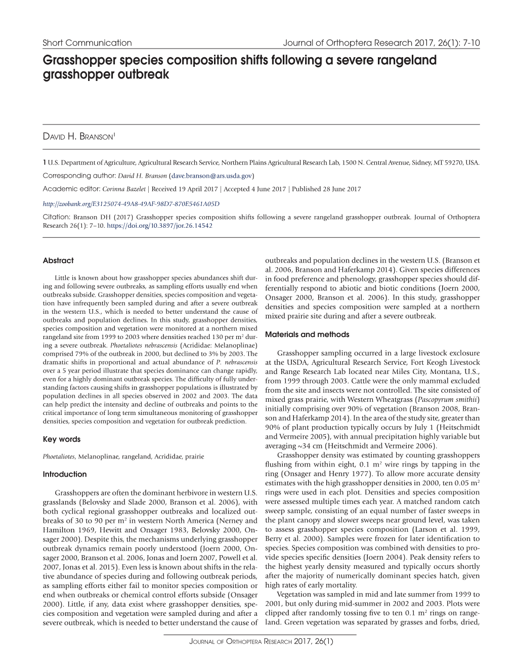 Grasshopper Species Composition Shifts Following a Severe Rangeland Grasshopper Outbreak