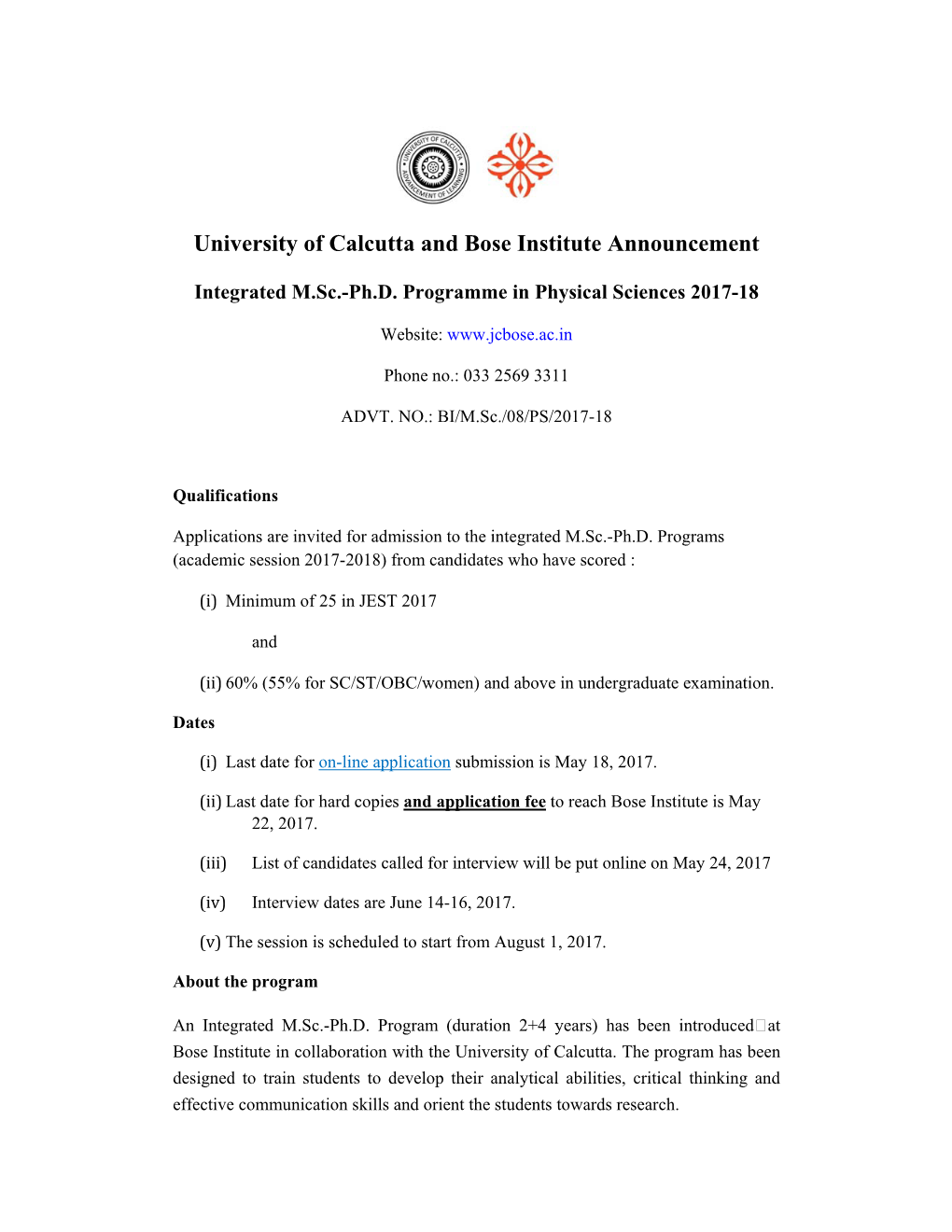 University of Calcutta and Bose Institute Announcement