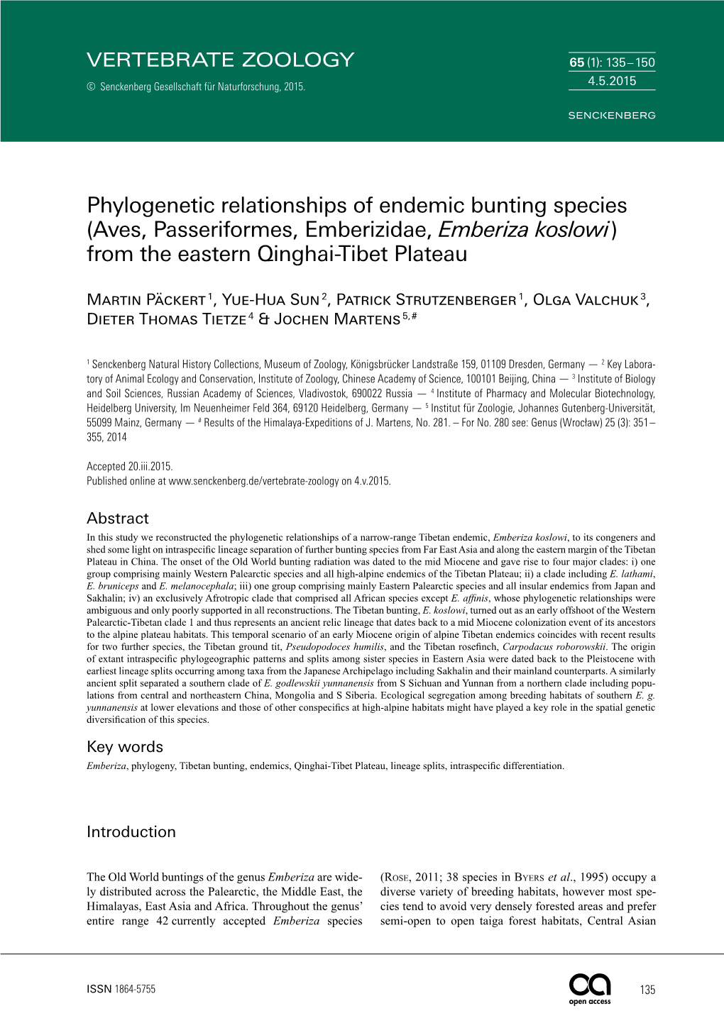Phylogenetic Relationships of Endemic Bunting Species (Aves, Passeriformes, Emberizidae, Emberiza Koslowi ) from the Eastern Qinghai-Tibet Plateau