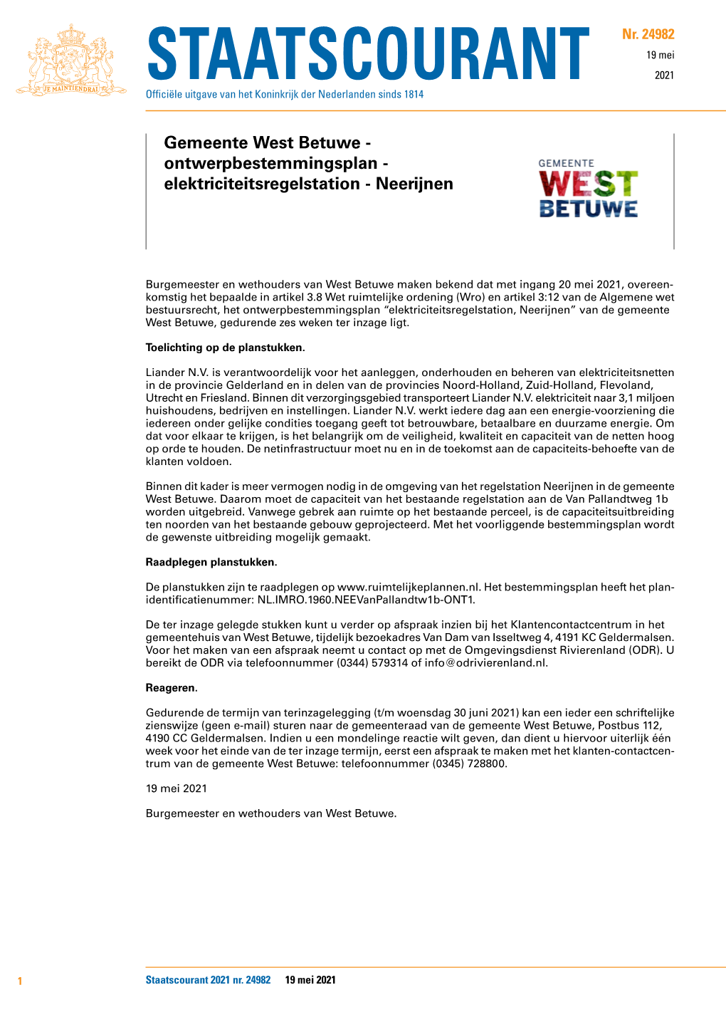Gemeente West Betuwe - Ontwerpbestemmingsplan - Elektriciteitsregelstation - Neerijnen