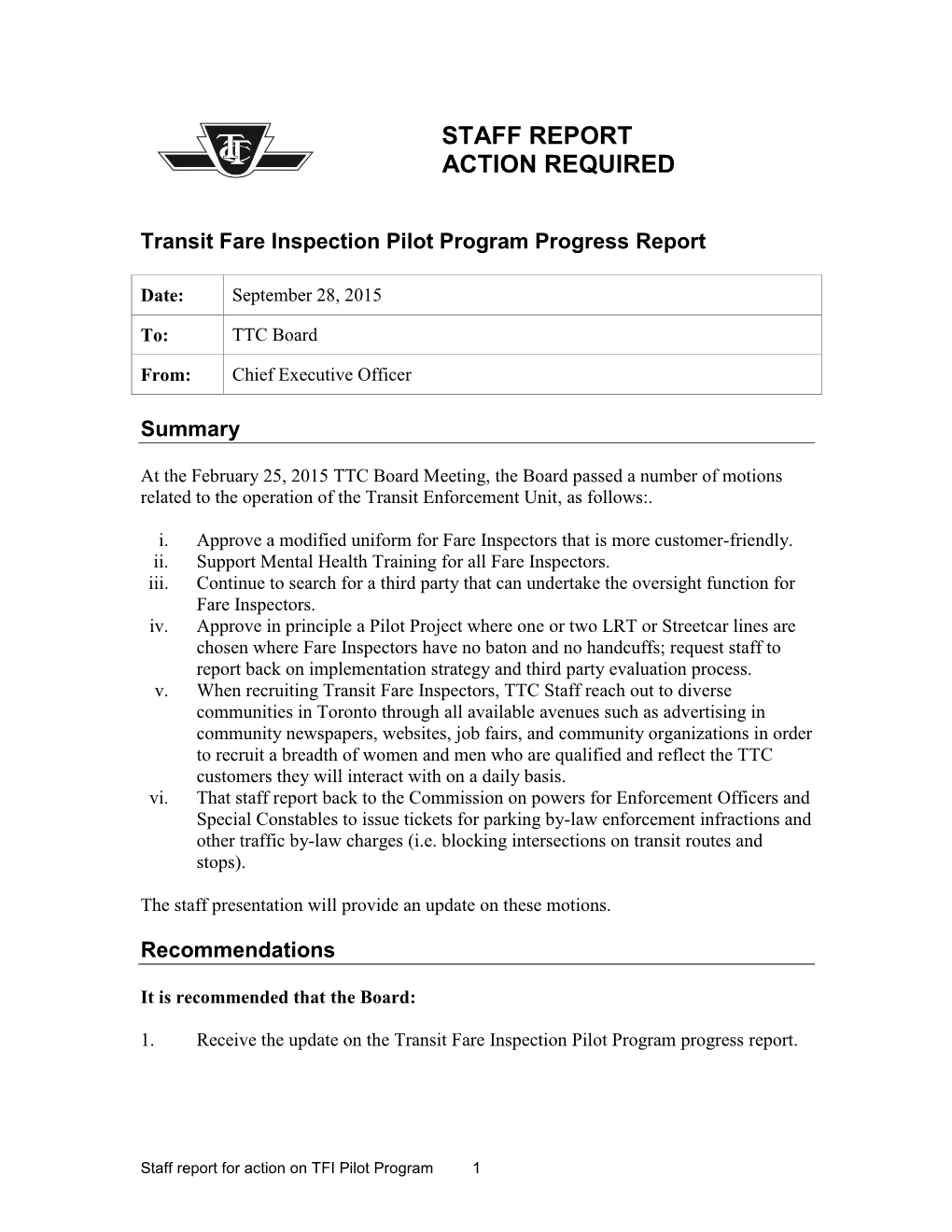 Transit Fare Inspection Pilot Program Progress Report