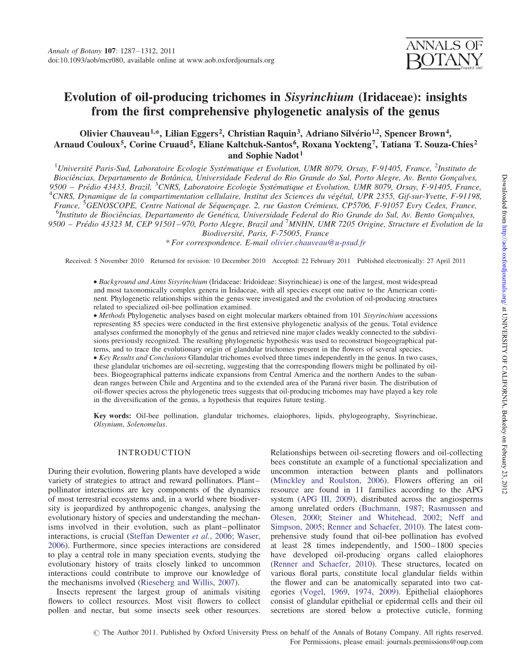 Evolution of Oil-Producing Trichomes in Sisyrinchium (Iridaceae): Insights from the ﬁrst Comprehensive Phylogenetic Analysis of the Genus