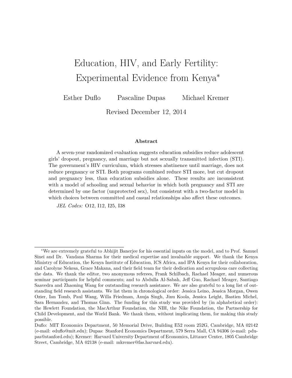Education, HIV and Early Fertility: Experimental Evidence from Kenya
