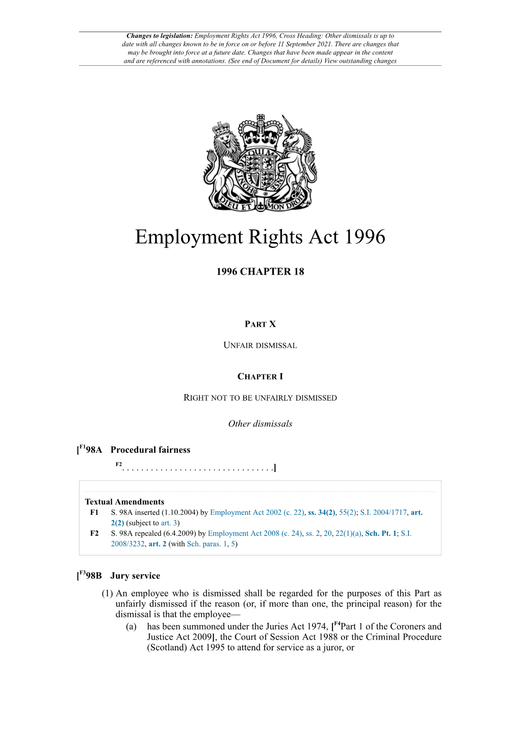 Employment Rights Act 1996, Cross Heading: Other Dismissals Is up to Date with All Changes Known to Be in Force on Or Before 11 September 2021