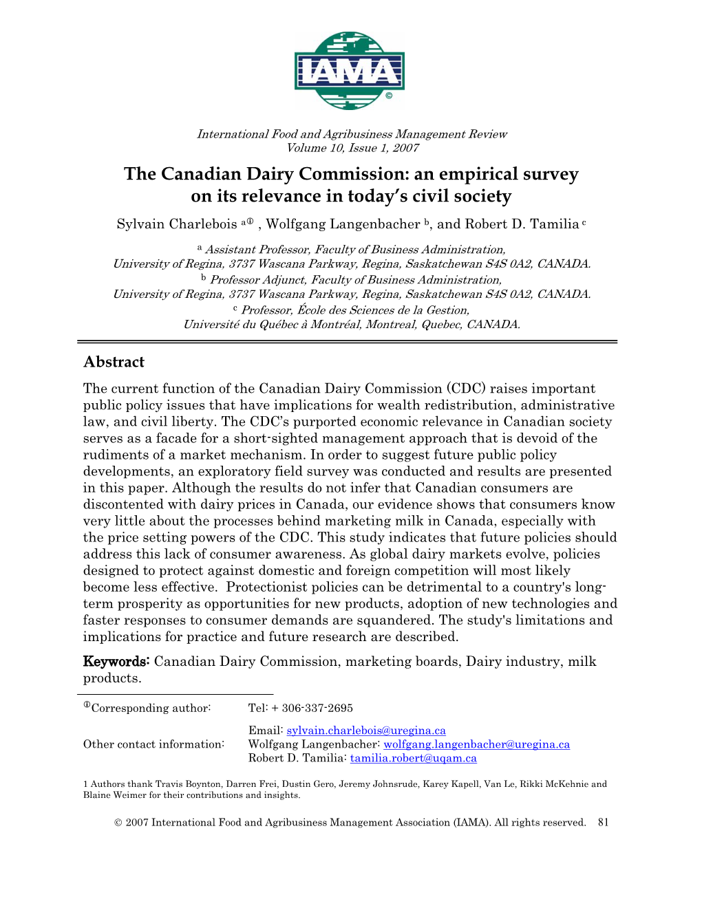 The Canadian Dairy Commission: an Empirical Survey on Its Relevance in Today’S Civil Society