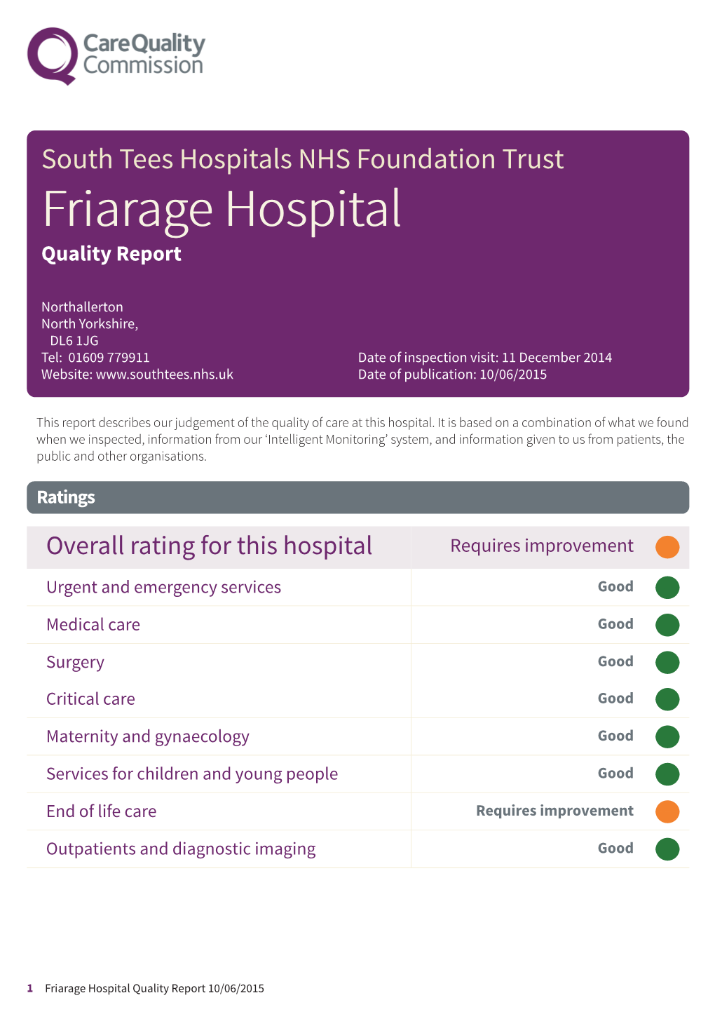 Friarage Hospital Scheduled Report (Acutes Location Dec 2014)