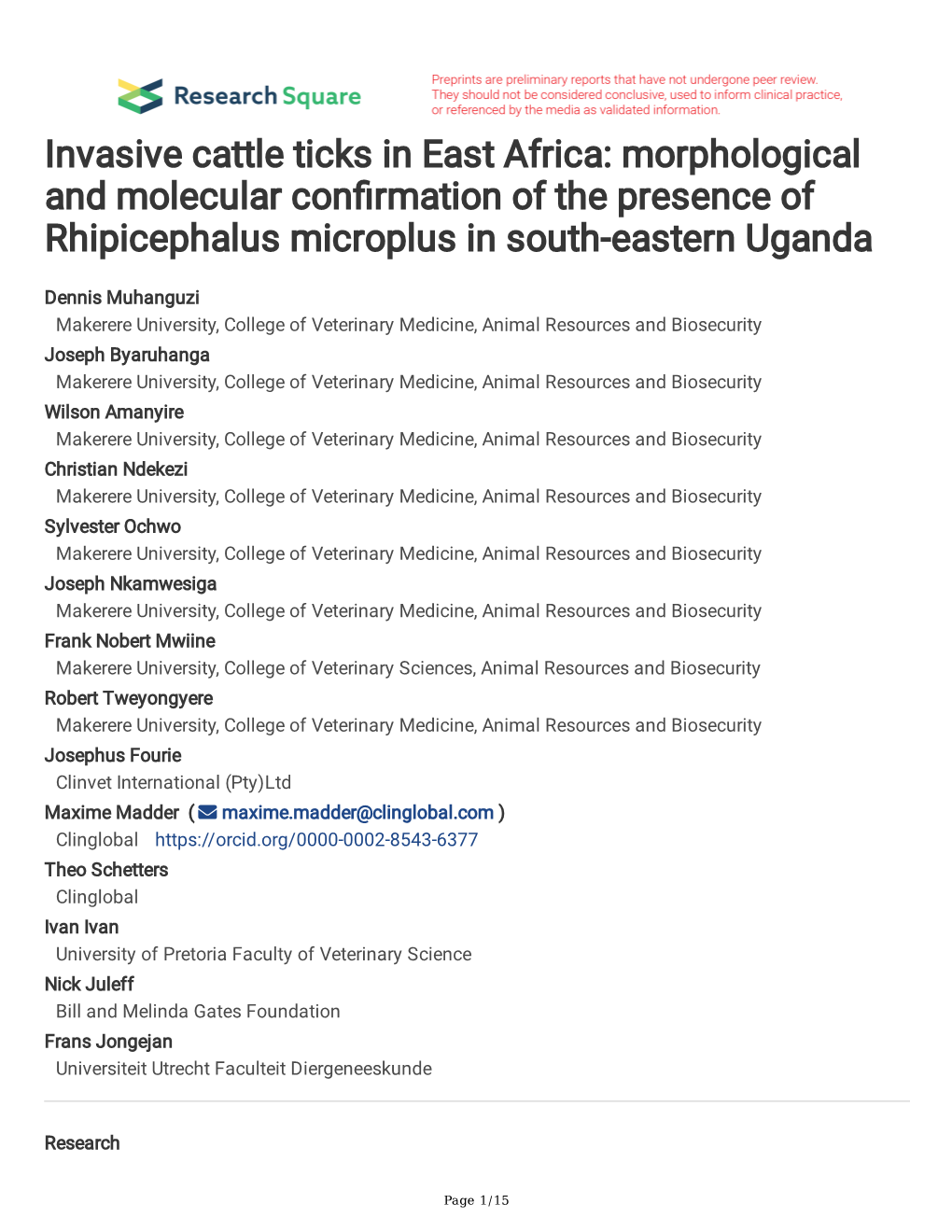 Invasive Cattle Ticks in East Africa: Morphological and Molecular Confrmation of the Presence of Rhipicephalus Microplus in South-Eastern Uganda