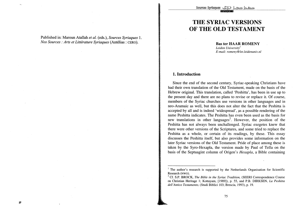 THE SYRIAC VERSIONS of the OLD TESTAMENT Published In: Maroun Atallah Et Al
