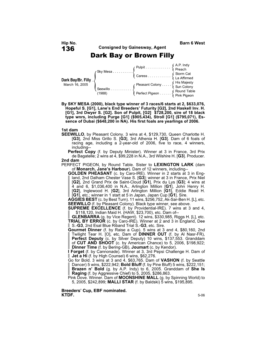 136 Consigned by Gainesway, Agent Dark Bay Or Brown Filly