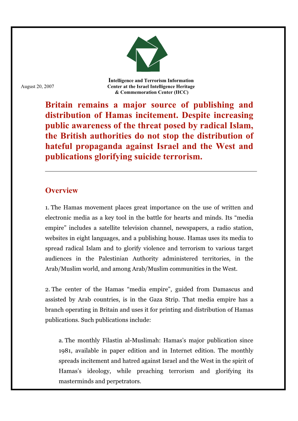 Publishing and Distribution of Hamas Incitement