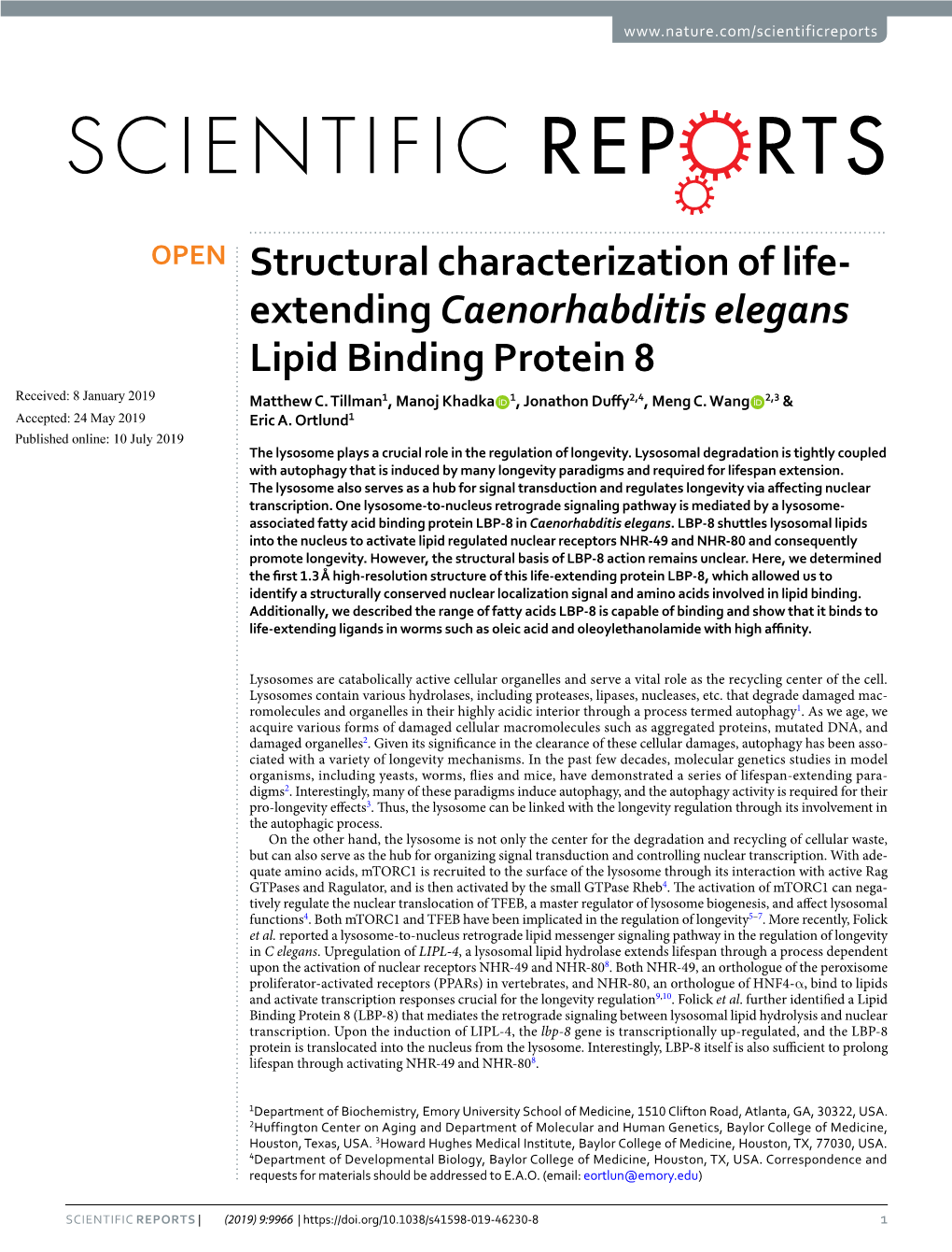 Extending Caenorhabditis Elegans Lipid Binding Protein 8 Received: 8 January 2019 Matthew C