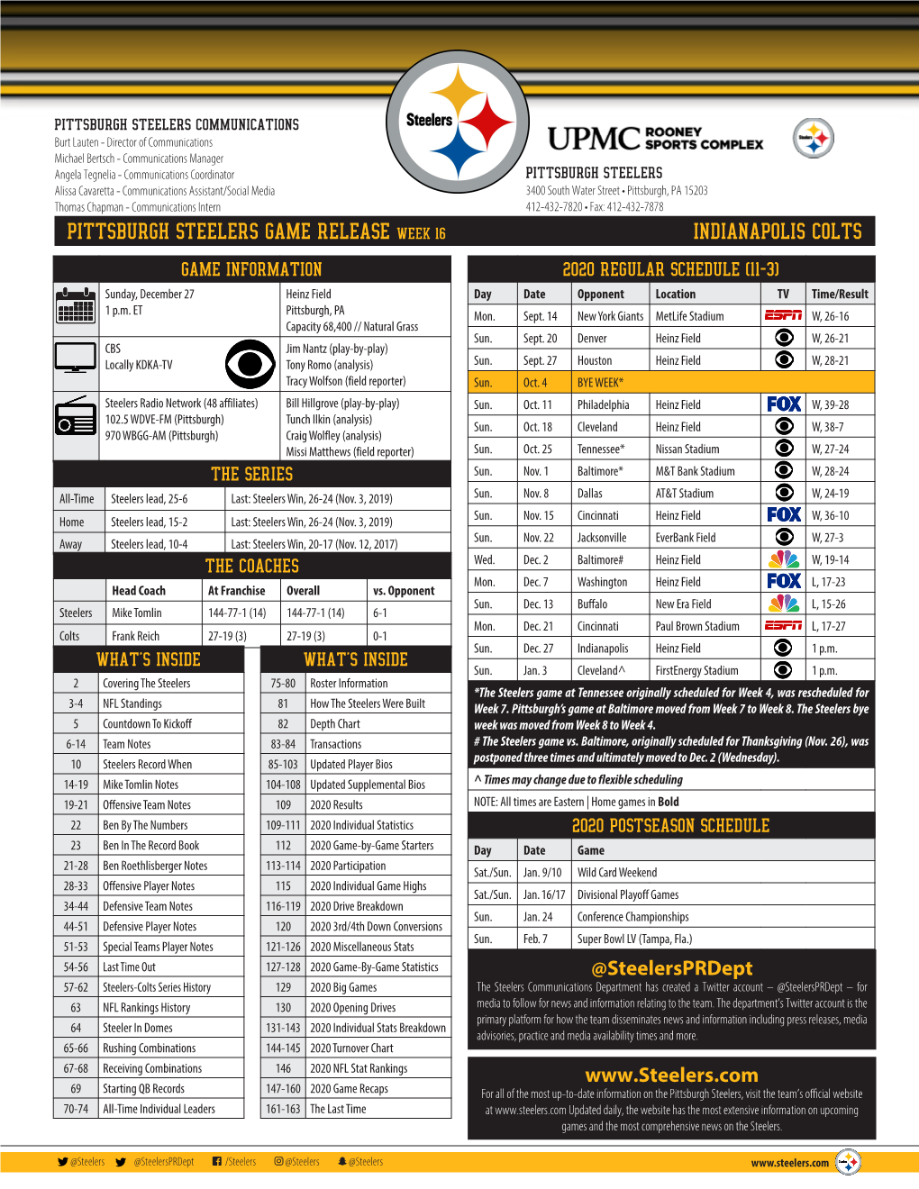 Pittsburgh Steelers Game Release Week 16 Indianapolis Colts