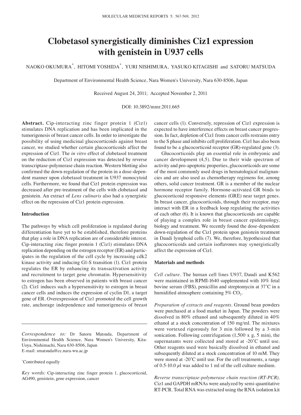 Clobetasol Synergistically Diminishes Ciz1 Expression with Genistein in U937 Cells