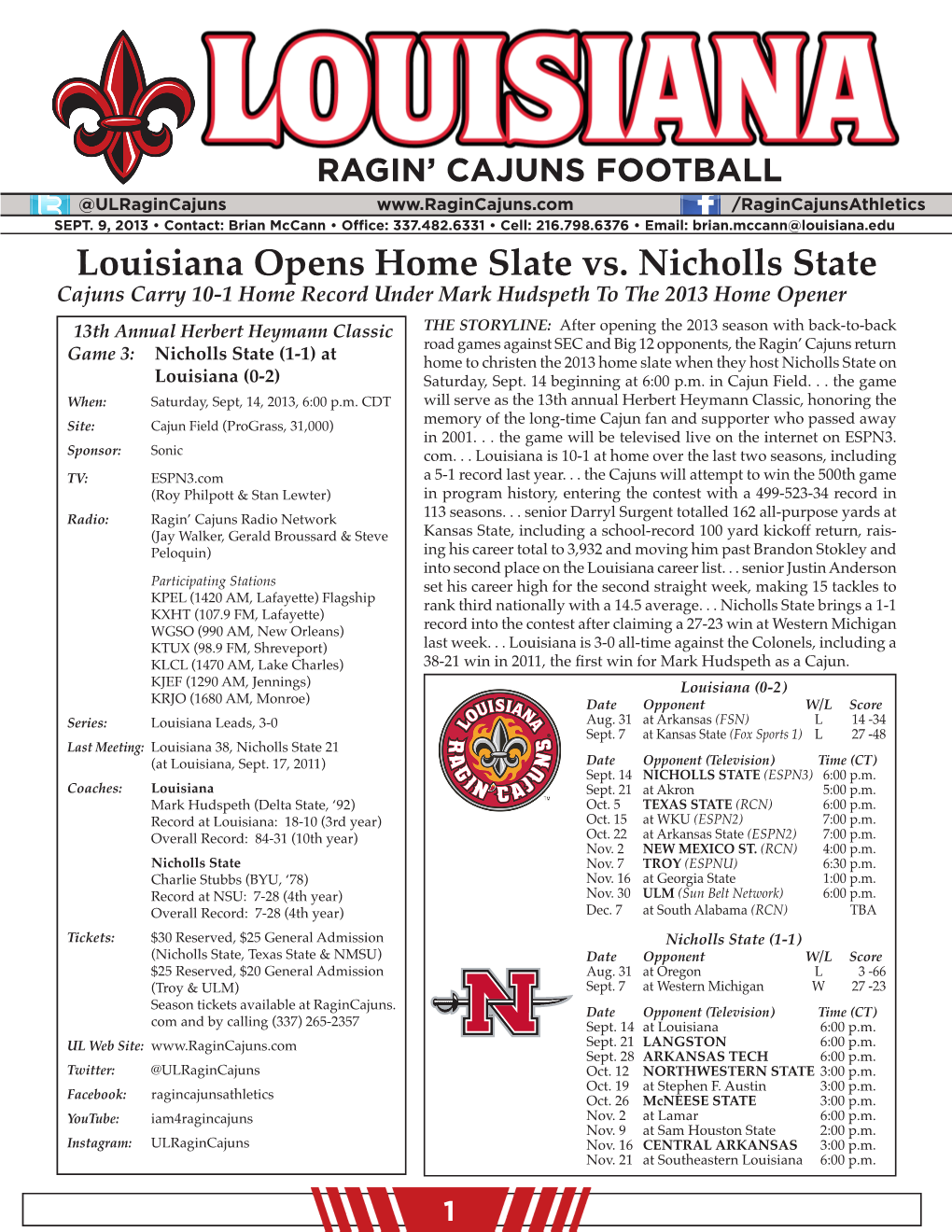 Game Notes Vs. Nicholls State