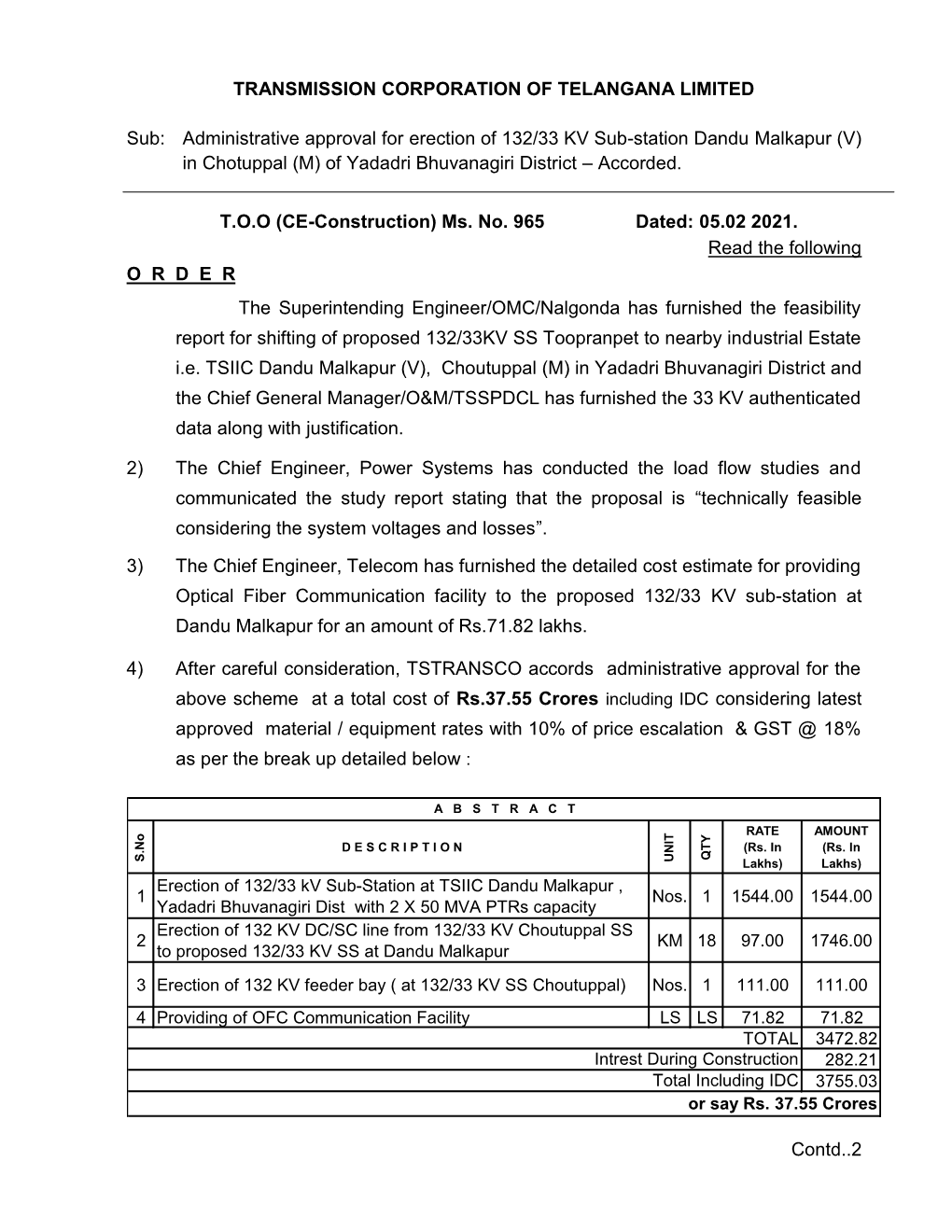 Administrative Approval for Erection of 132/33 KV Sub-Station Dandu Malkapur (V) in Chotuppal (M) of Yadadri Bhuvanagiri District – Accorded