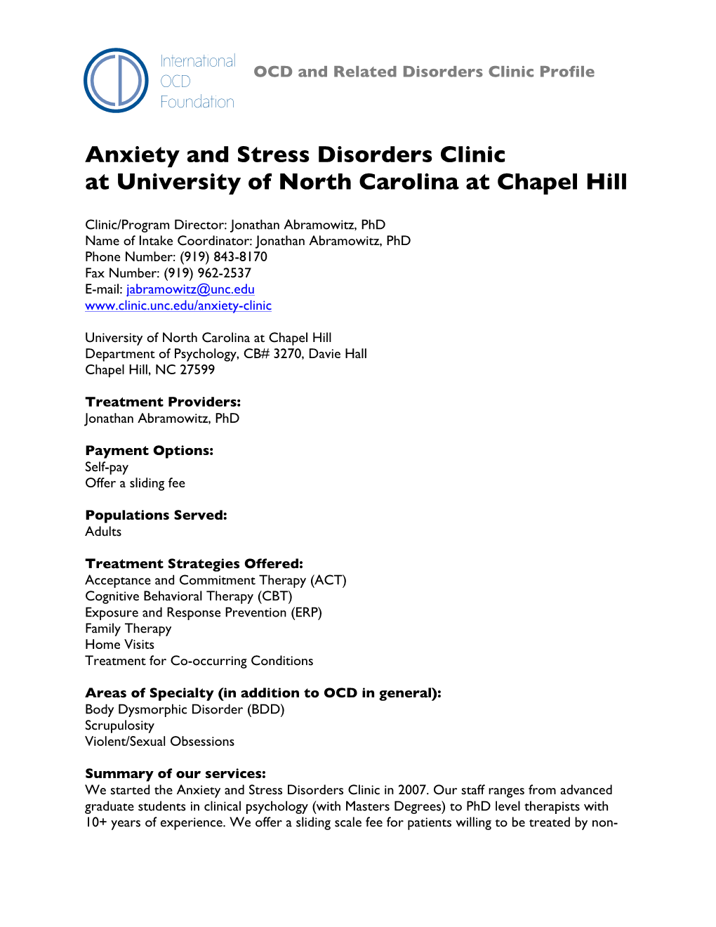 Anxiety and Stress Disorders Clinic at University of North Carolina at Chapel Hill