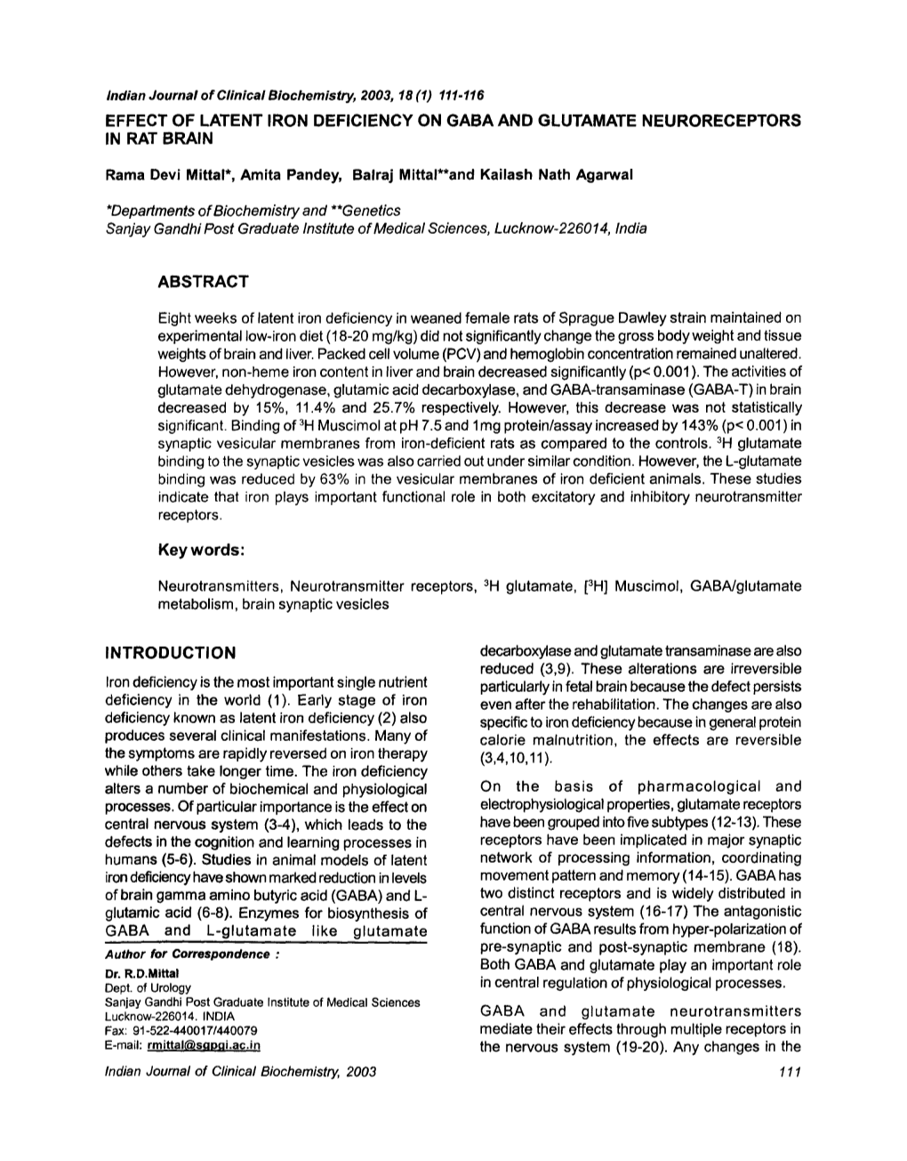 Effect of Latent Iron Deficiency on Gaba and Glutamate Neuroreceptors in Rat Brain