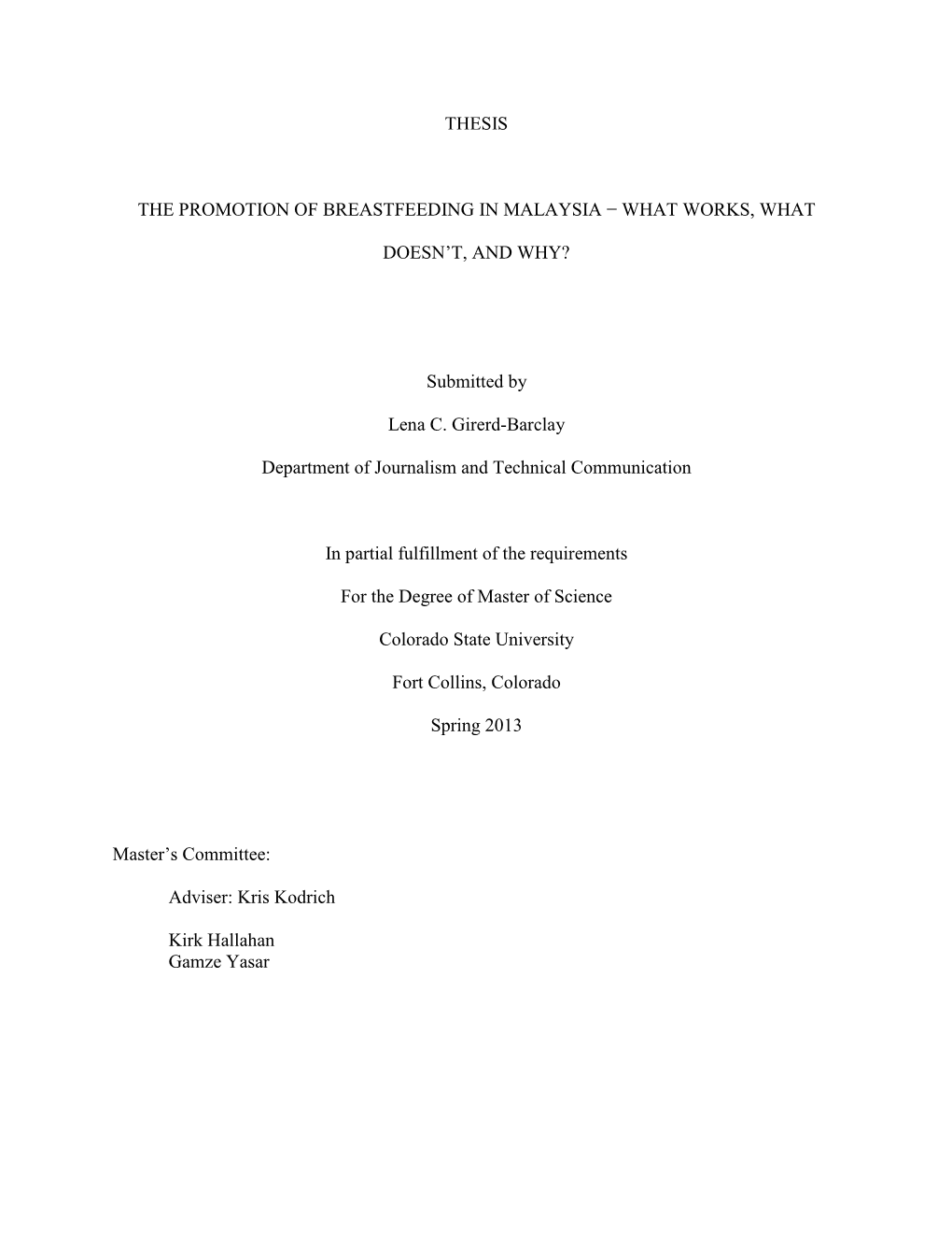 Thesis the Promotion of Breastfeeding in Malaysia