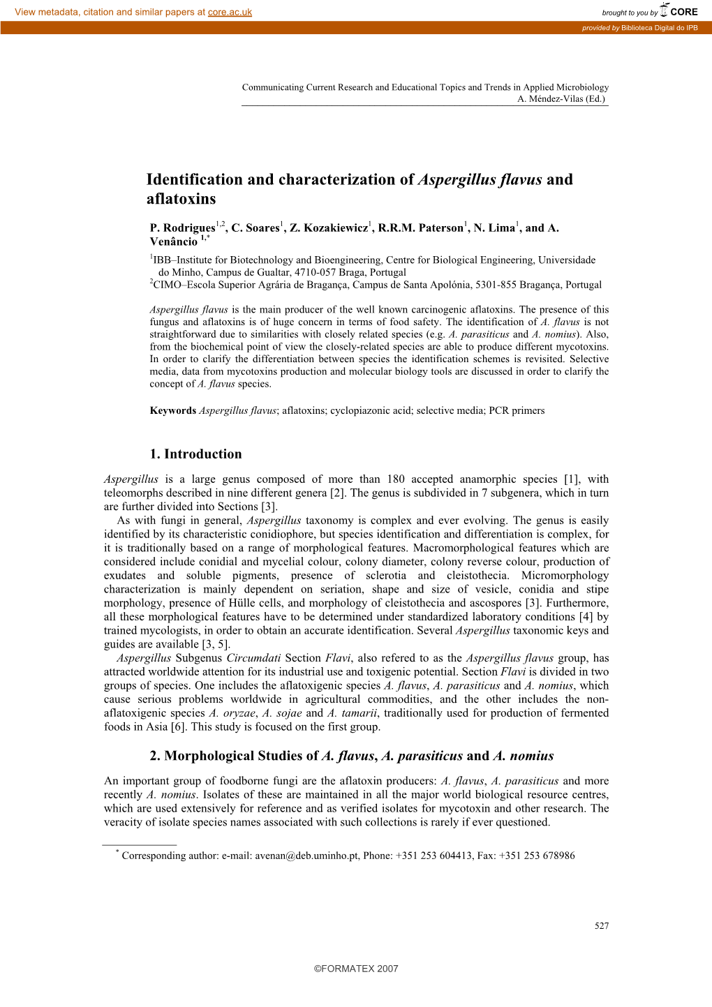 Identification and Characterization of Aspergillus Flavus and Aflatoxins