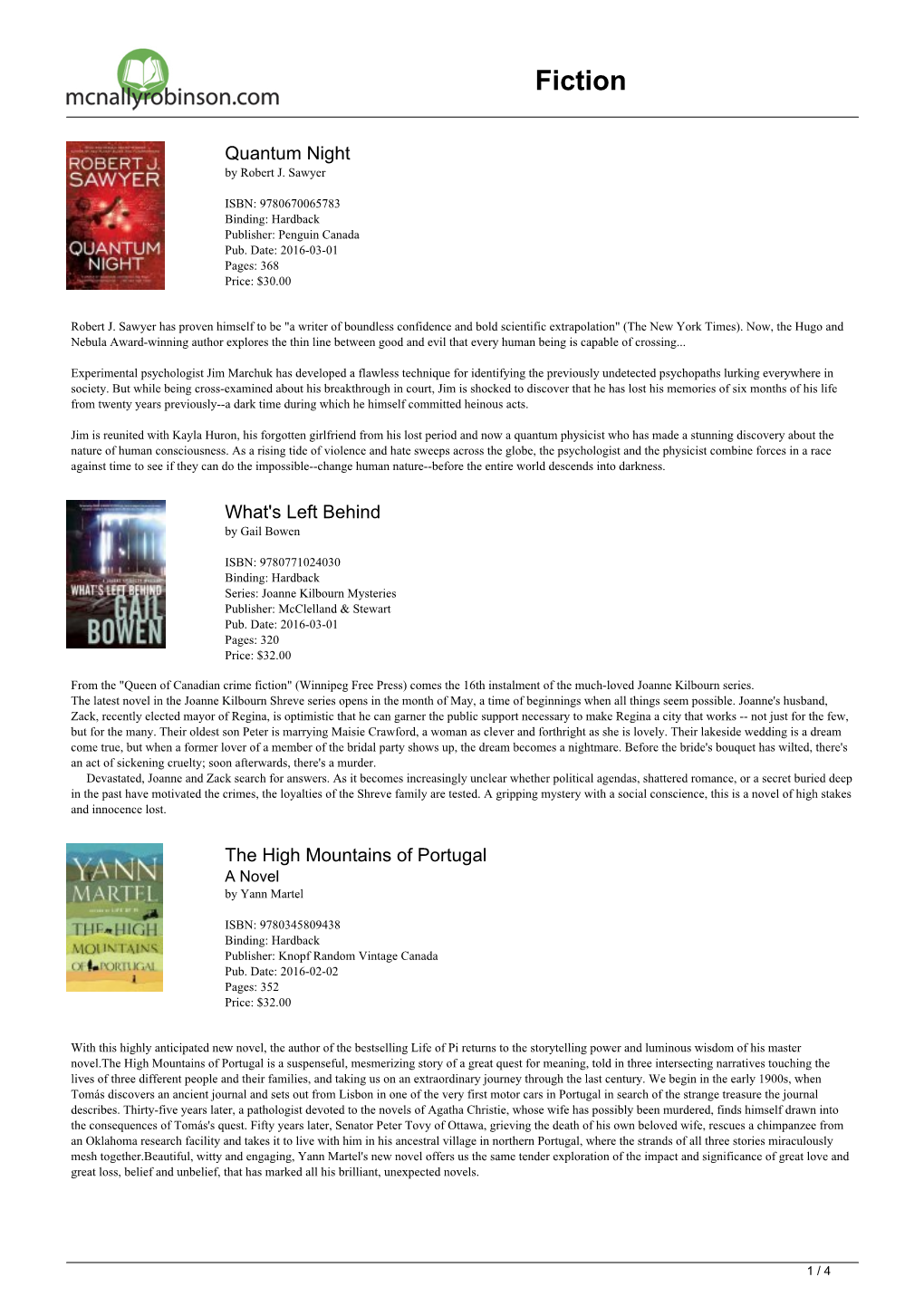 Mcnally Robinson Saskatoon Bestsellers' List