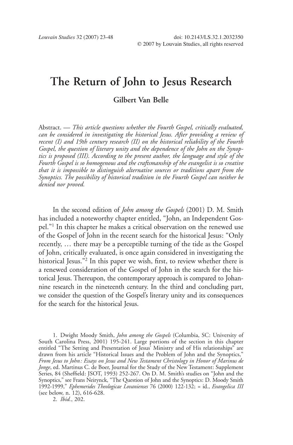 The Return of John to Jesus Research Gilbert Van Belle