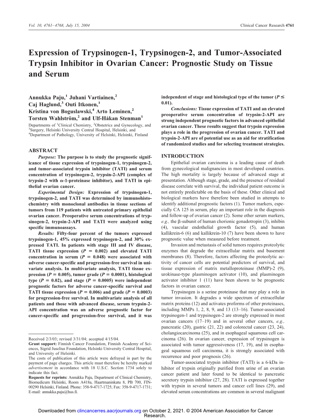 Prognostic Study on Tissue and Serum