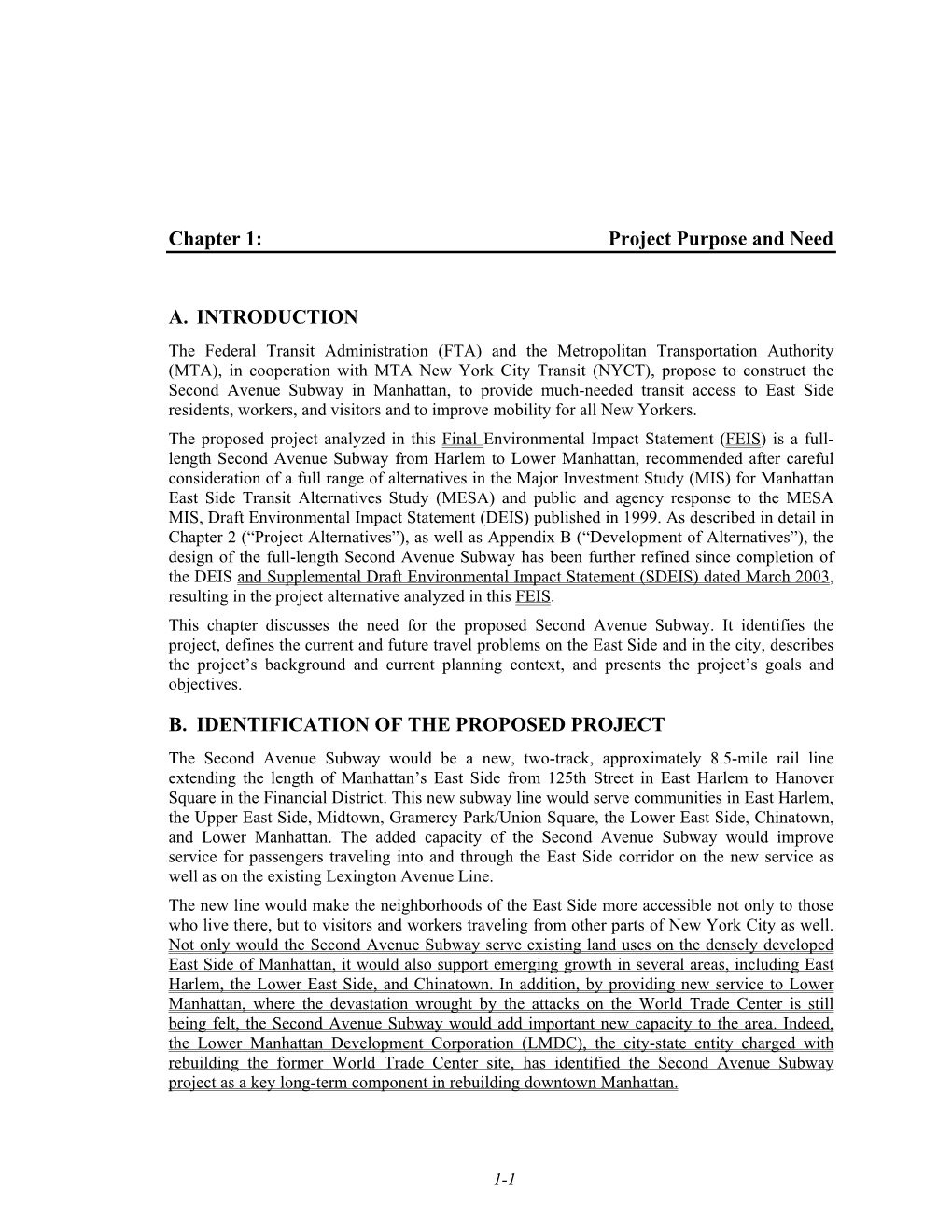 Chapter 1: Project Purpose and Need