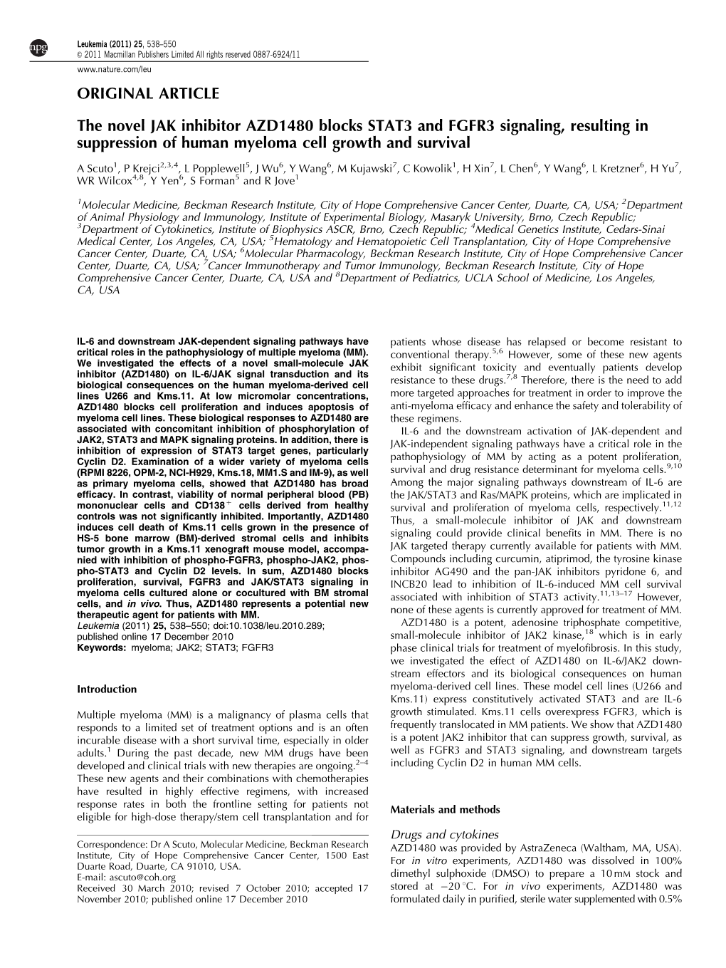 The Novel JAK Inhibitor AZD1480 Blocks STAT3 and FGFR3 Signaling, Resulting in Suppression of Human Myeloma Cell Growth and Survival