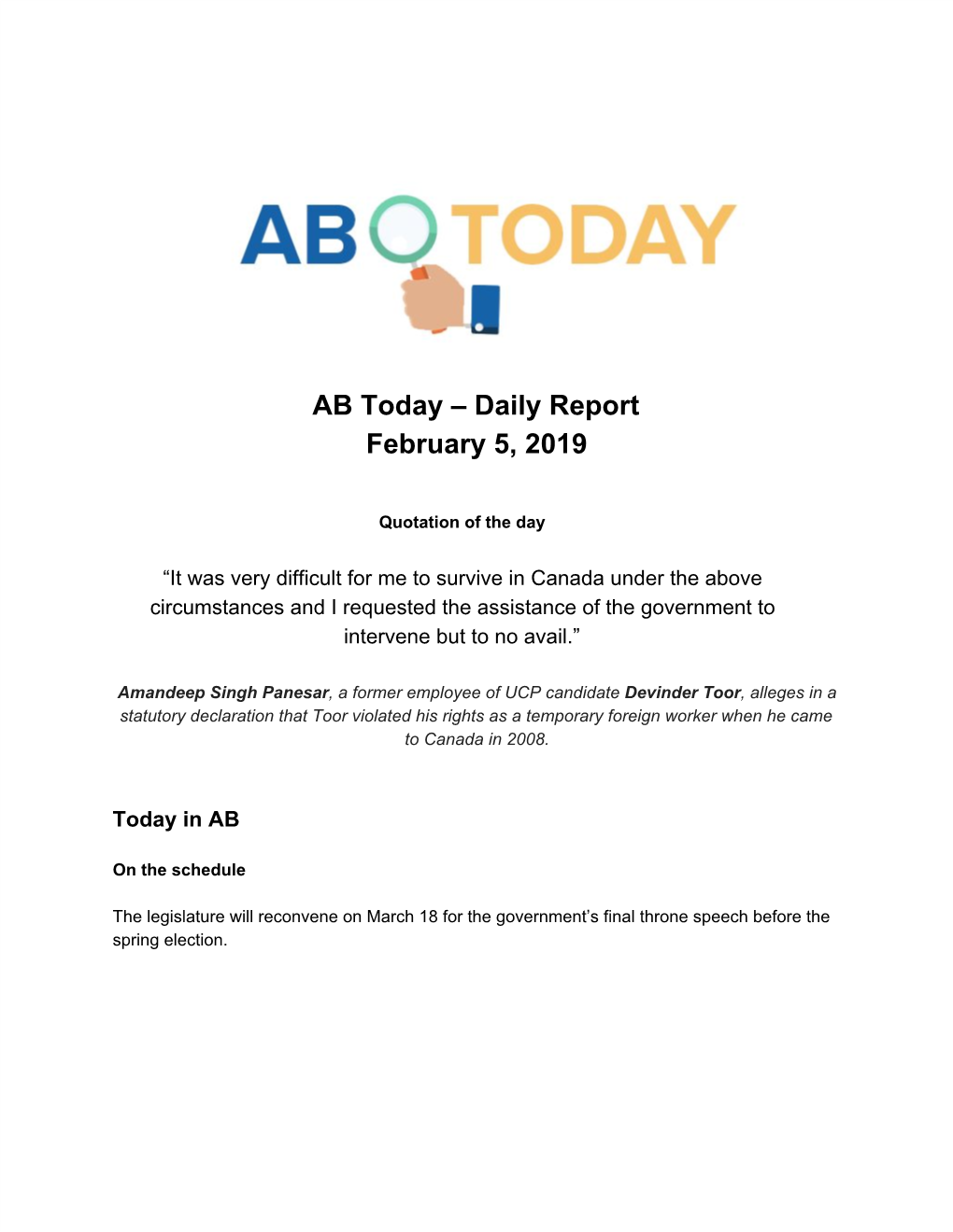 AB Today – Daily Report February 5, 2019