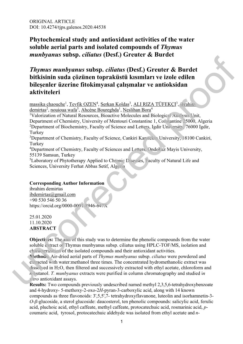 Phytochemical Study and Antioxidant Activities of the Water Soluble Aerial Parts and Isolated Compounds of Thymus Munbyanus Subsp