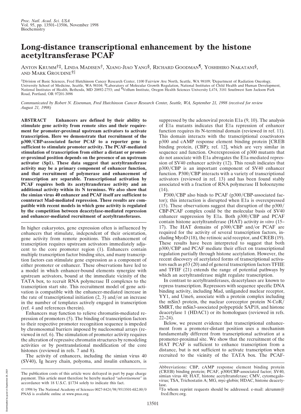 Long-Distance Transcriptional Enhancement by the Histone Acetyltransferase PCAF