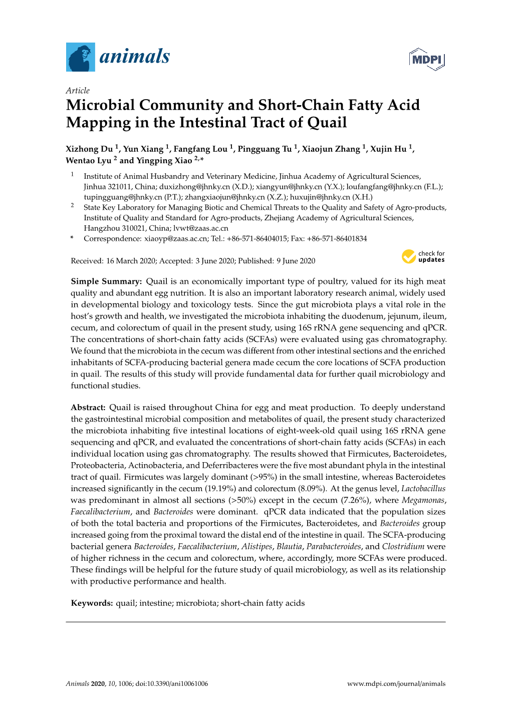 Microbial Community and Short-Chain Fatty Acid Mapping in the Intestinal Tract of Quail