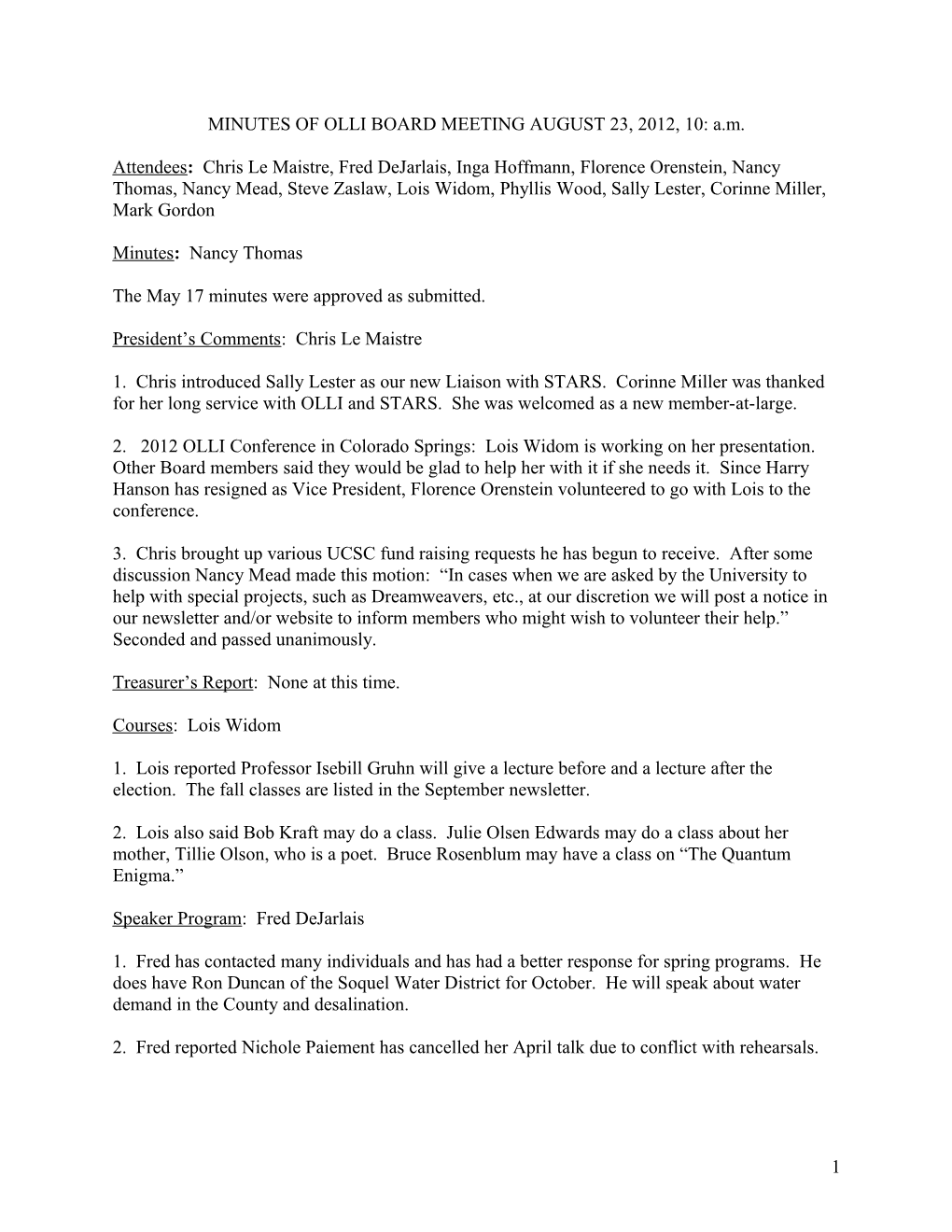 MINUTES of OLLI BOARD MEETING MAY 17, 2012, 10: A