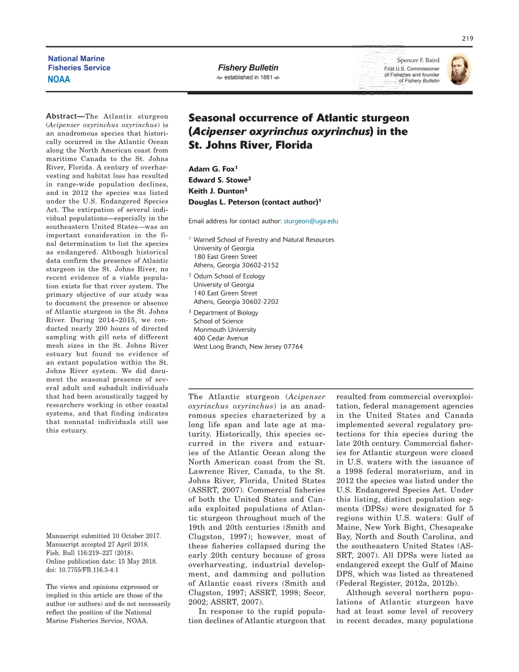 Seasonal Occurrence of Atlantic Sturgeon (Acipenser Oxyrinchus