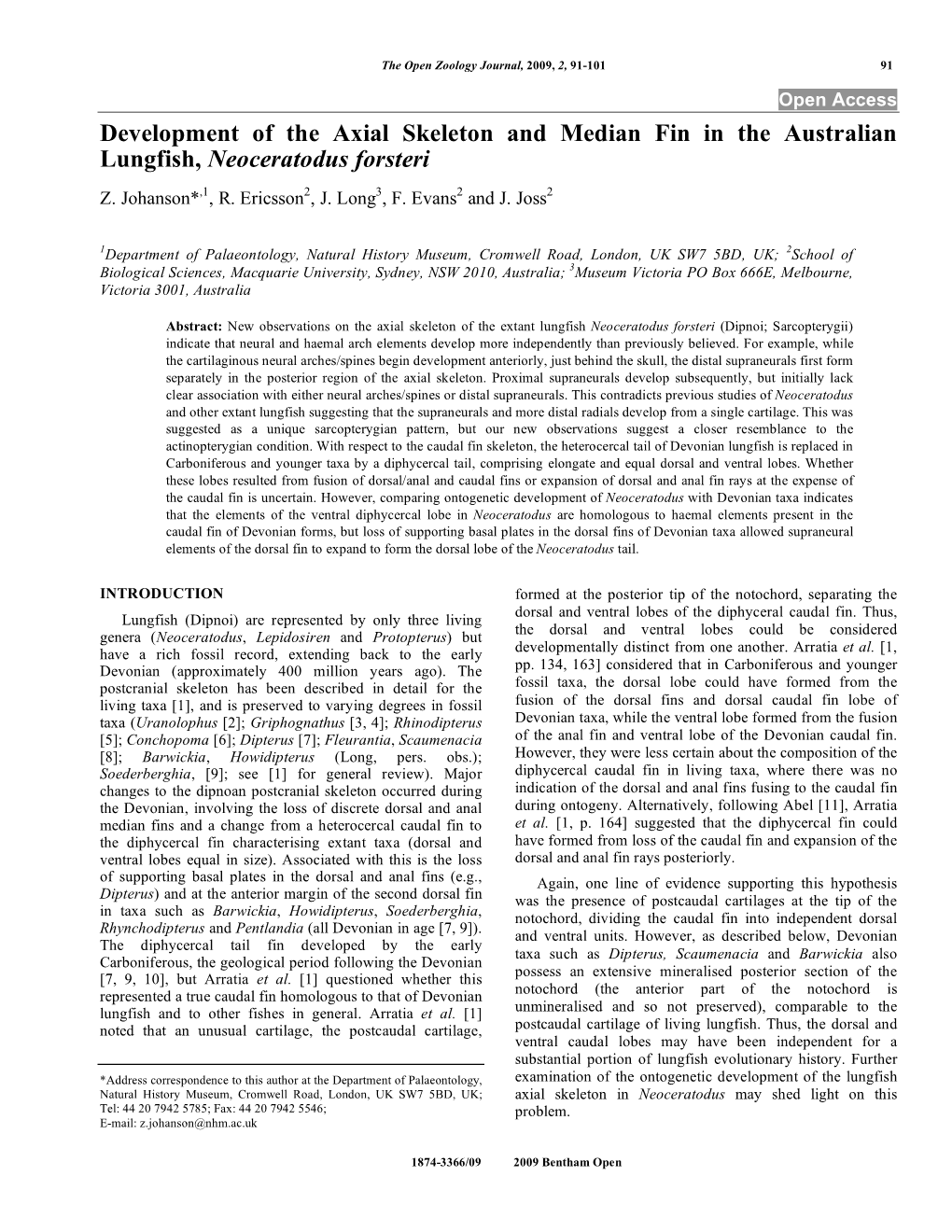 Development of the Axial Skeleton and Median Fin in the Australian Lungfish, Neoceratodus Forsteri Z