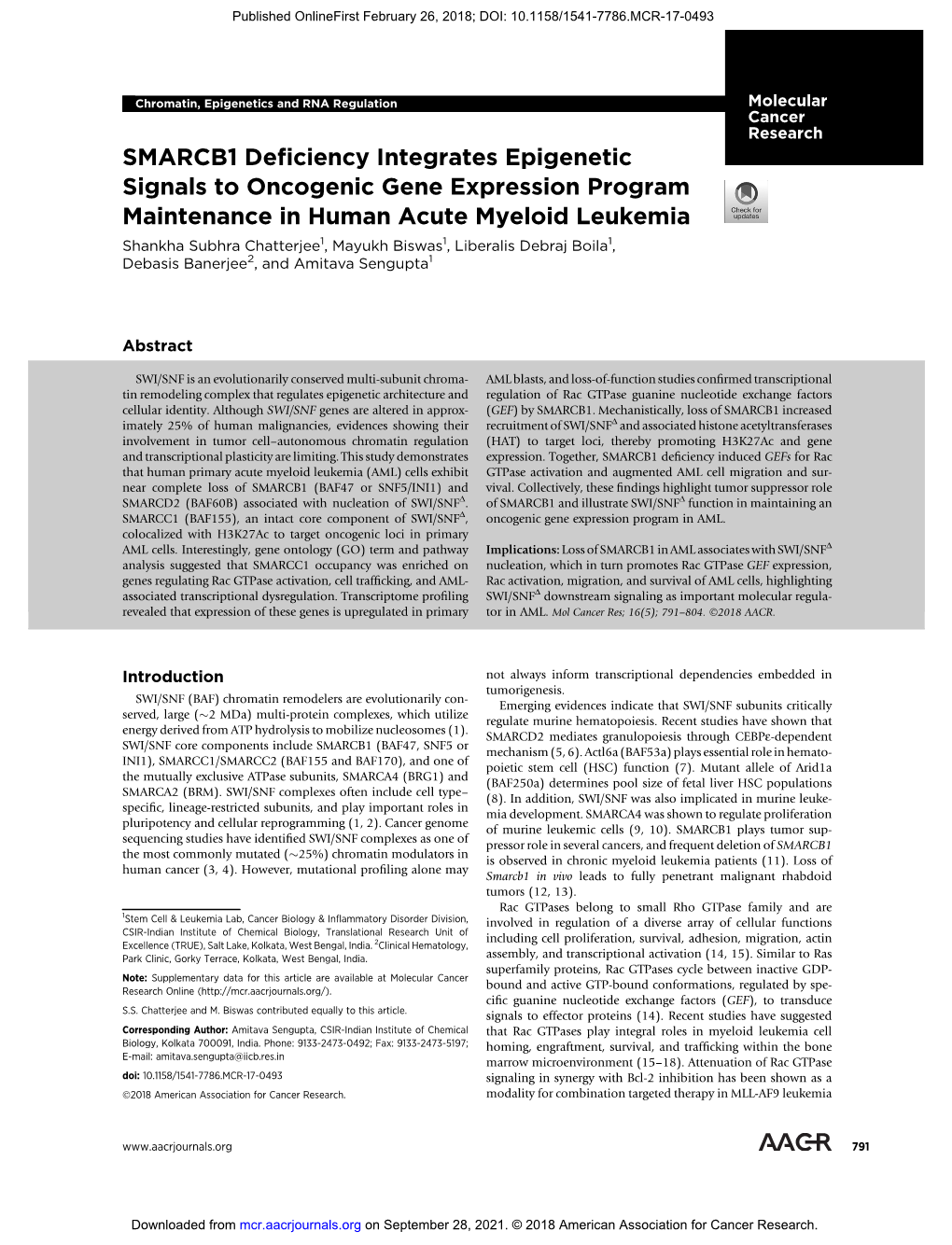 SMARCB1 Deficiency Integrates Epigenetic Signals to Oncogenic Gene Expression Program Maintenance in Human Acute Myeloid Leukemia