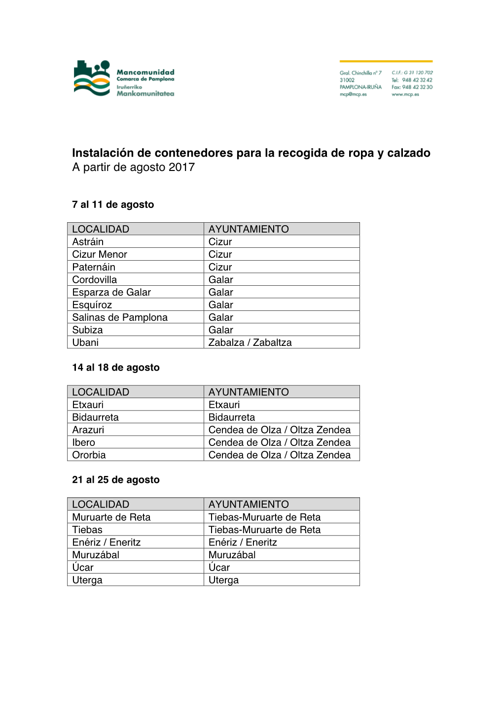 Instalación De Contenedores Para La Recogida De Ropa Y Calzado a Partir De Agosto 2017