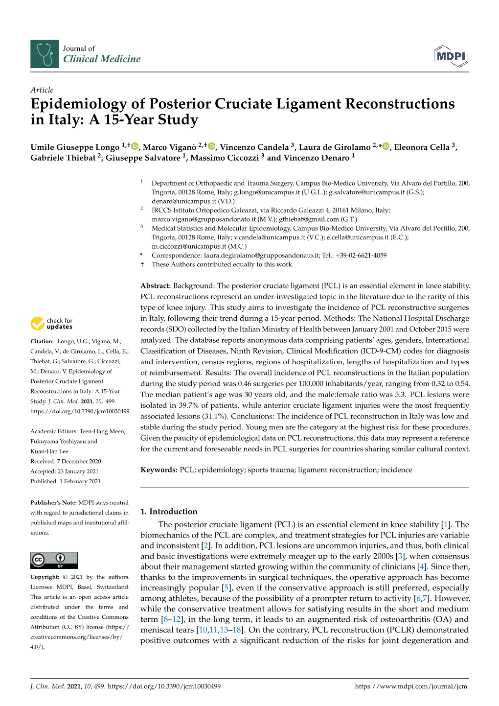 Epidemiology of Posterior Cruciate Ligament Reconstructions in Italy: a 15-Year Study