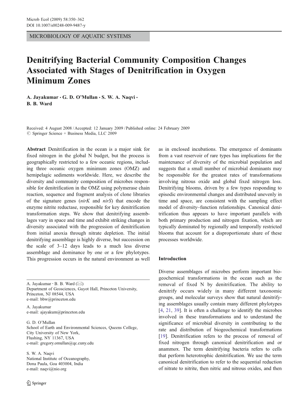 Denitrifying Bacterial Community Composition Changes Associated with Stages of Denitrification in Oxygen Minimum Zones