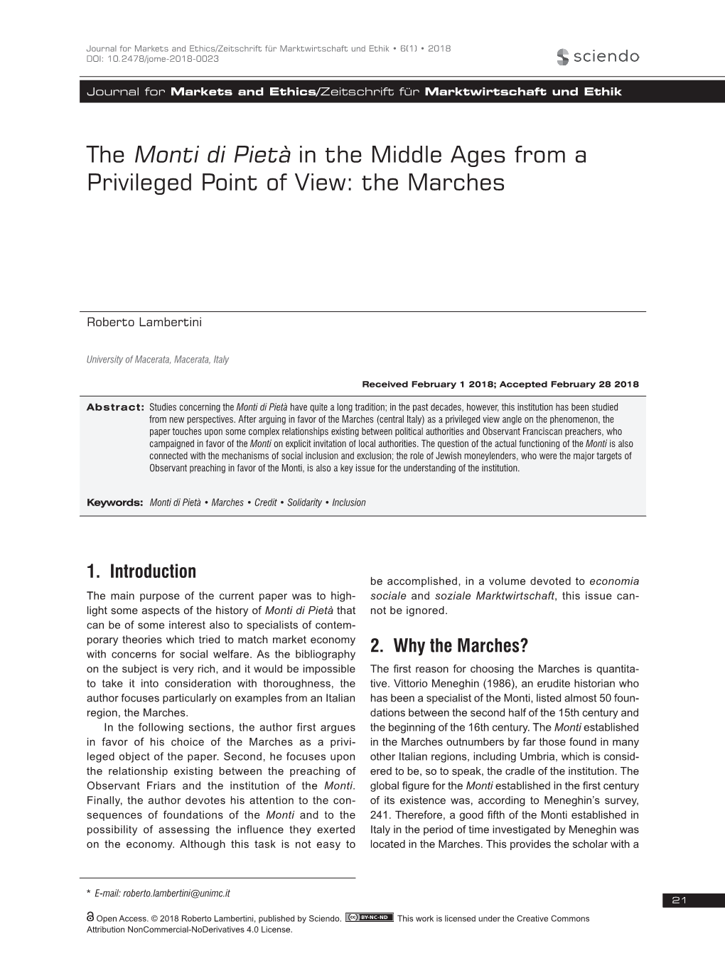 The Monti Di Pietà in the Middle Ages from a Privileged Point of View: the Marches