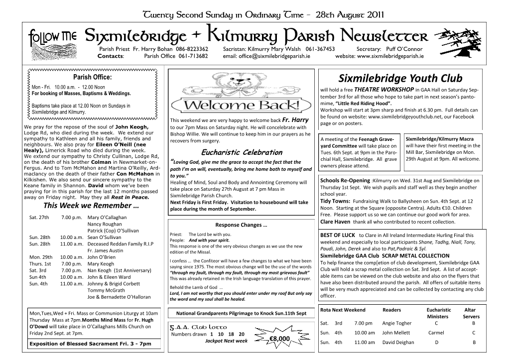 28Th August 2011 Sixmilebridge + Kilmurry Parish Newsletter