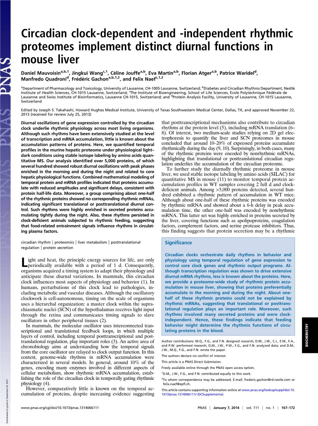 Circadian Clock-Dependent and -Independent Rhythmic Proteomes Implement Distinct Diurnal Functions in Mouse Liver