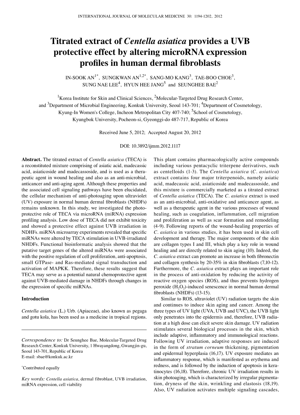 Titrated Extract of Centella Asiatica Provides a UVB Protective Effect by Altering Microrna Expression Profiles in Human Dermal Fibroblasts