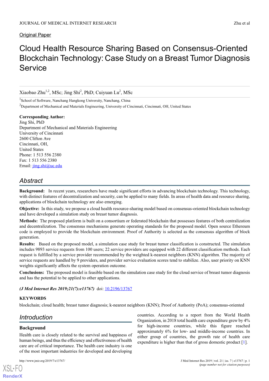Cloud Health Resource Sharing Based on Consensus-Oriented Blockchain Technology: Case Study on a Breast Tumor Diagnosis Service