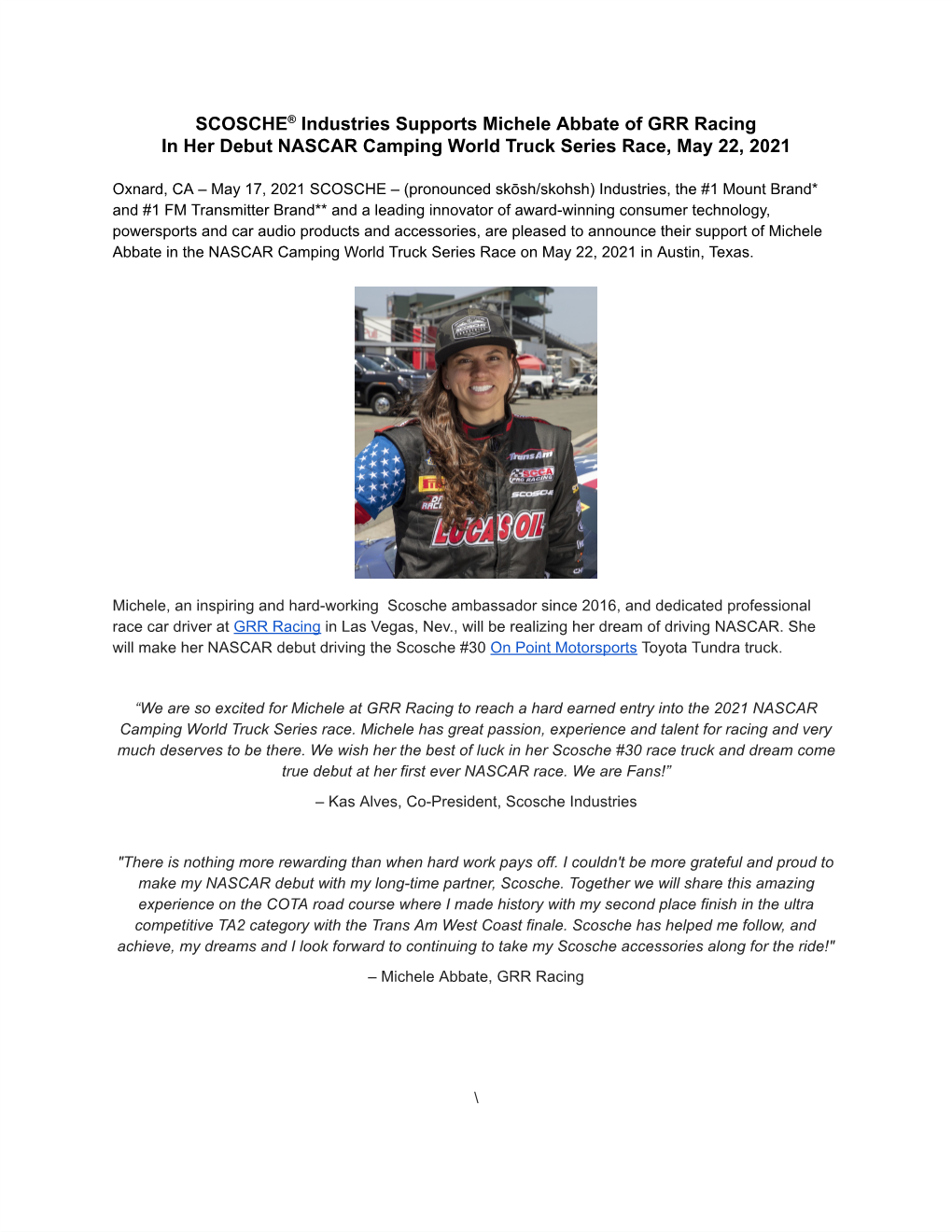 SCOSCHE® Industries Supports Michele Abbate of GRR Racing in Her Debut NASCAR Camping World Truck Series Race, May 22, 2021